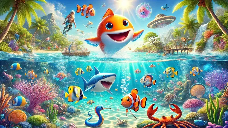 Arena target ikan dan kendali meriam pada permainan OKJKT